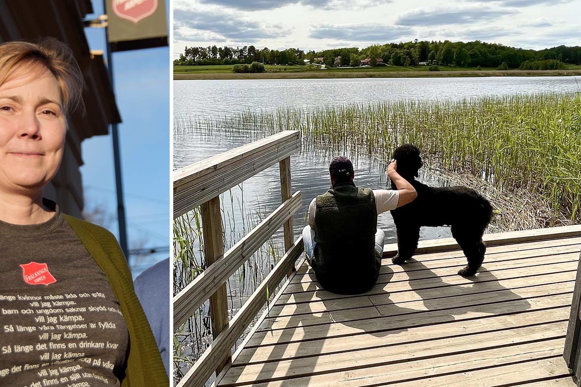 Till vänster - Ulrika Pettersson, Frälsningsarmén Brobygget. Till höger ryggtavlan på en ung kille som sitter på en brygga vid en sjö och klappar på en hund.