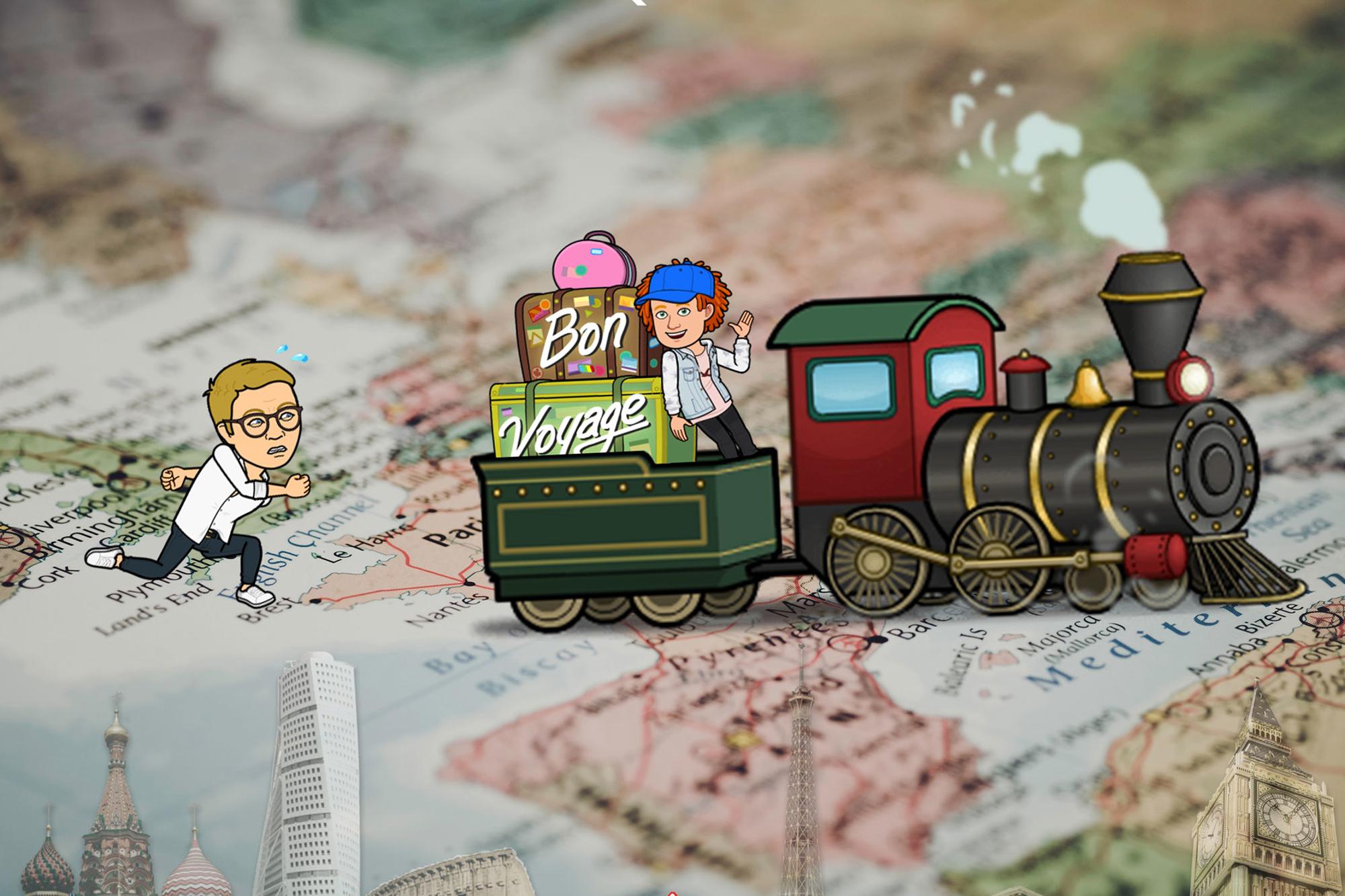 Åsskar och Gabriel åker tåg ovanpå en Europakarta