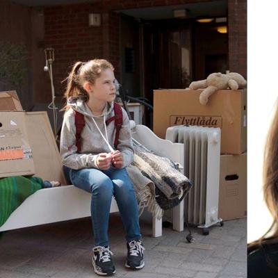 Till vänster en flicka som sitter utomhus på ett flyttlass med möbler och kartonger. Till höger porträttbild på Maria Olausson, Frälsningsarmén.