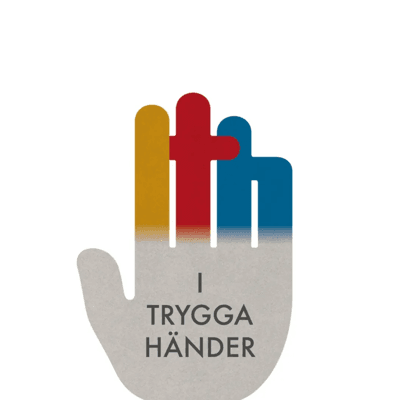 En grafisk handflata som gör stopptecken med texten I TRYGGA HÄNDER