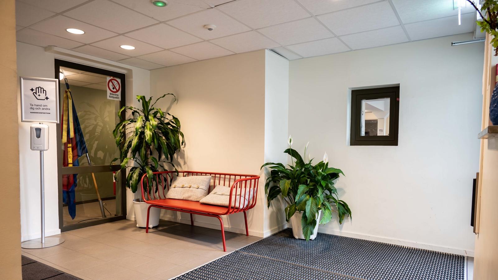 Entré - Till vänster i bilden finns en röd soffa, till höger i bilden på äggen finns en glaslucka som leder in till kontoret. Mittemellan dessa finns en stor grön planta ställd på golvet. 