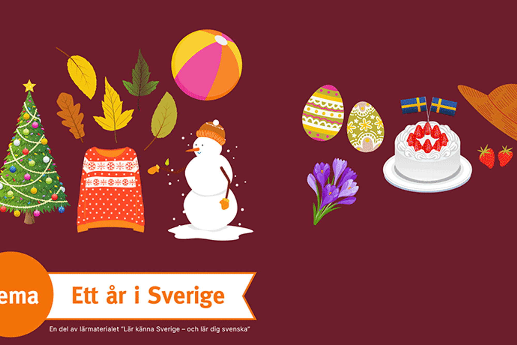 En röd bakgrund med olika saker som kännetecknar olika års- och högtider i Sverige. På den röda bilden är det bland annat en julgran, några höstlöv, två påskägg och en jordgubbstårta.