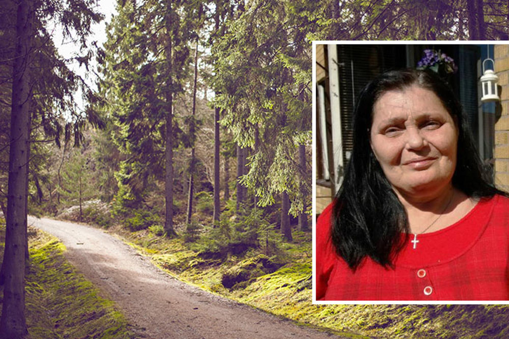 Till vänster: En stig av grus i skogen. Till höger: Porträttbild av Catharina Gustafsson.
