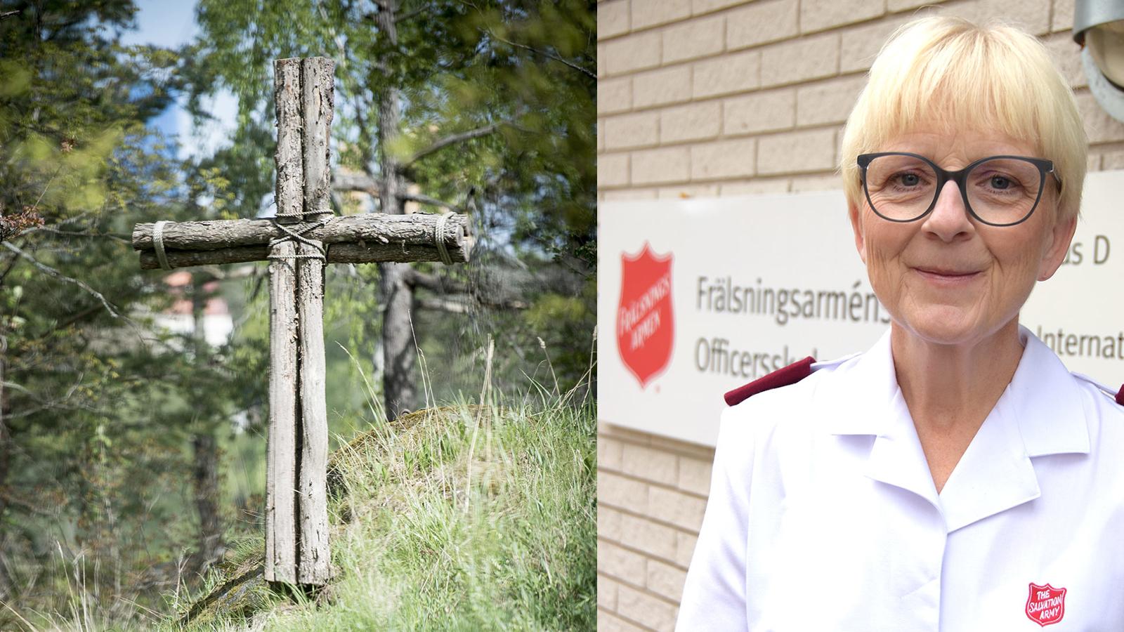 Till vänster: Ett kors som står ute i en skog. Till höger: Elisabeth Hjerpe står framför Officersskolans byggnad.