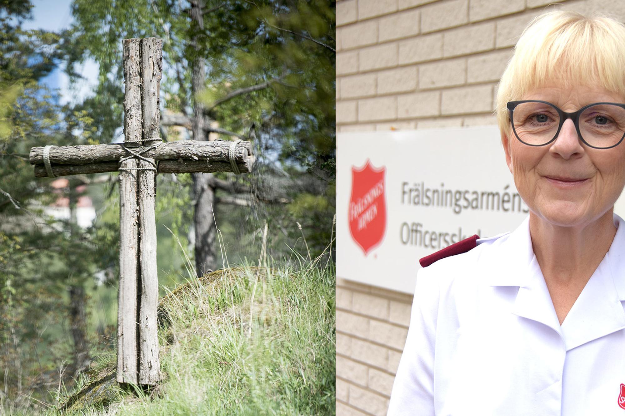 Till vänster: Ett kors som står ute i en skog. Till höger: Elisabeth Hjerpe står framför Officersskolans byggnad.