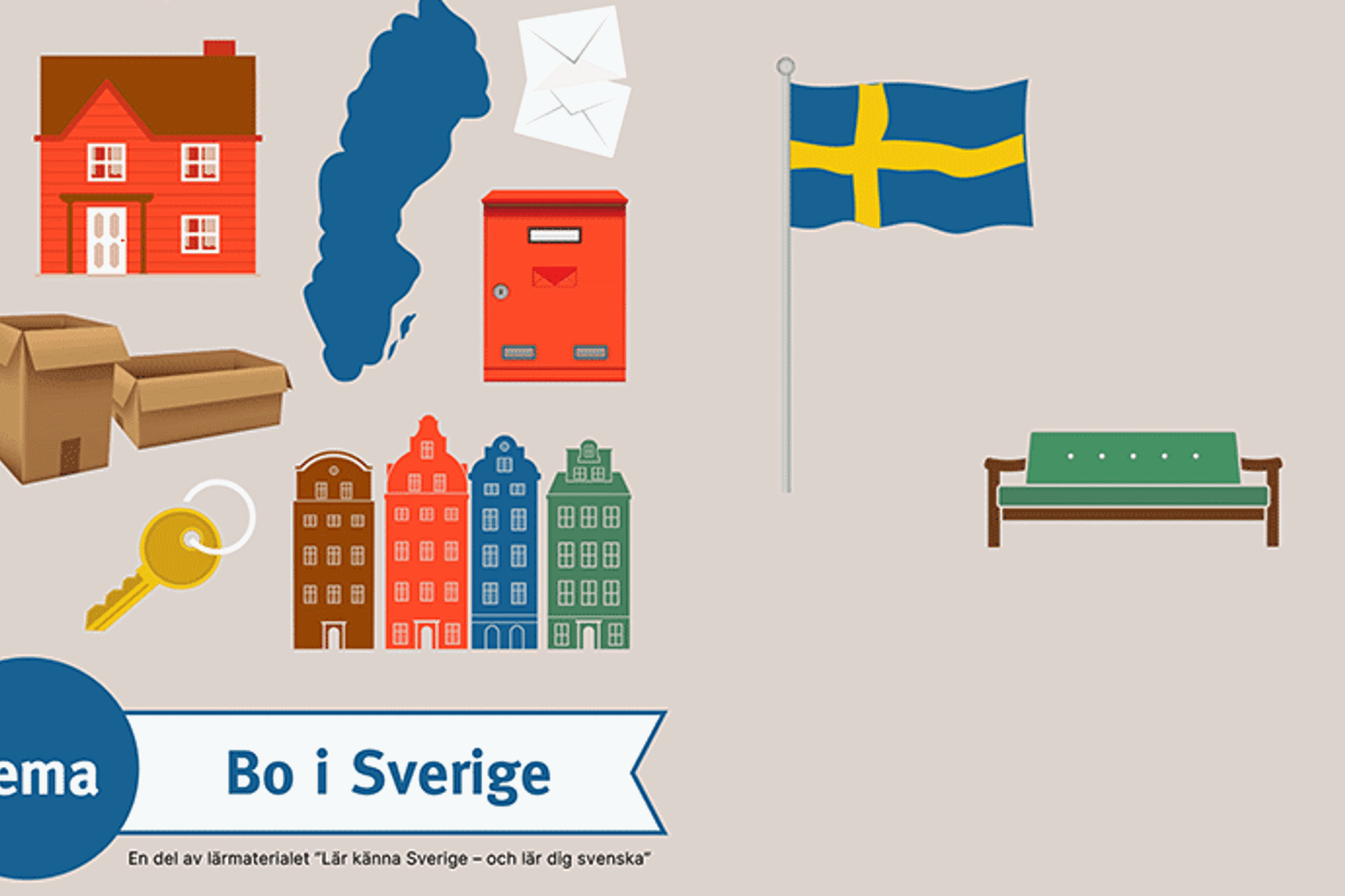 En beige bakgrund med olika saker som kännetecknar att bo i Sverige. På den beigea bilden är det bland annat ett hus, den svenska flaggan, flyttlådor och en nyckel.