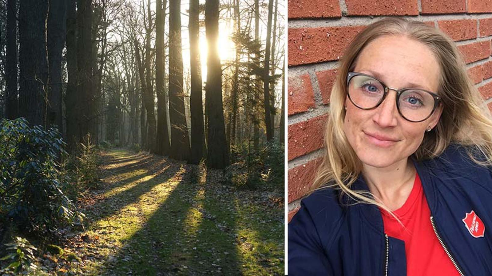 Till vänster: En stig i skogen. Till höger om stigen kikar solstrålar fram igenom några träd. Till höger: Porträttbild av Johanna Samuelsson.