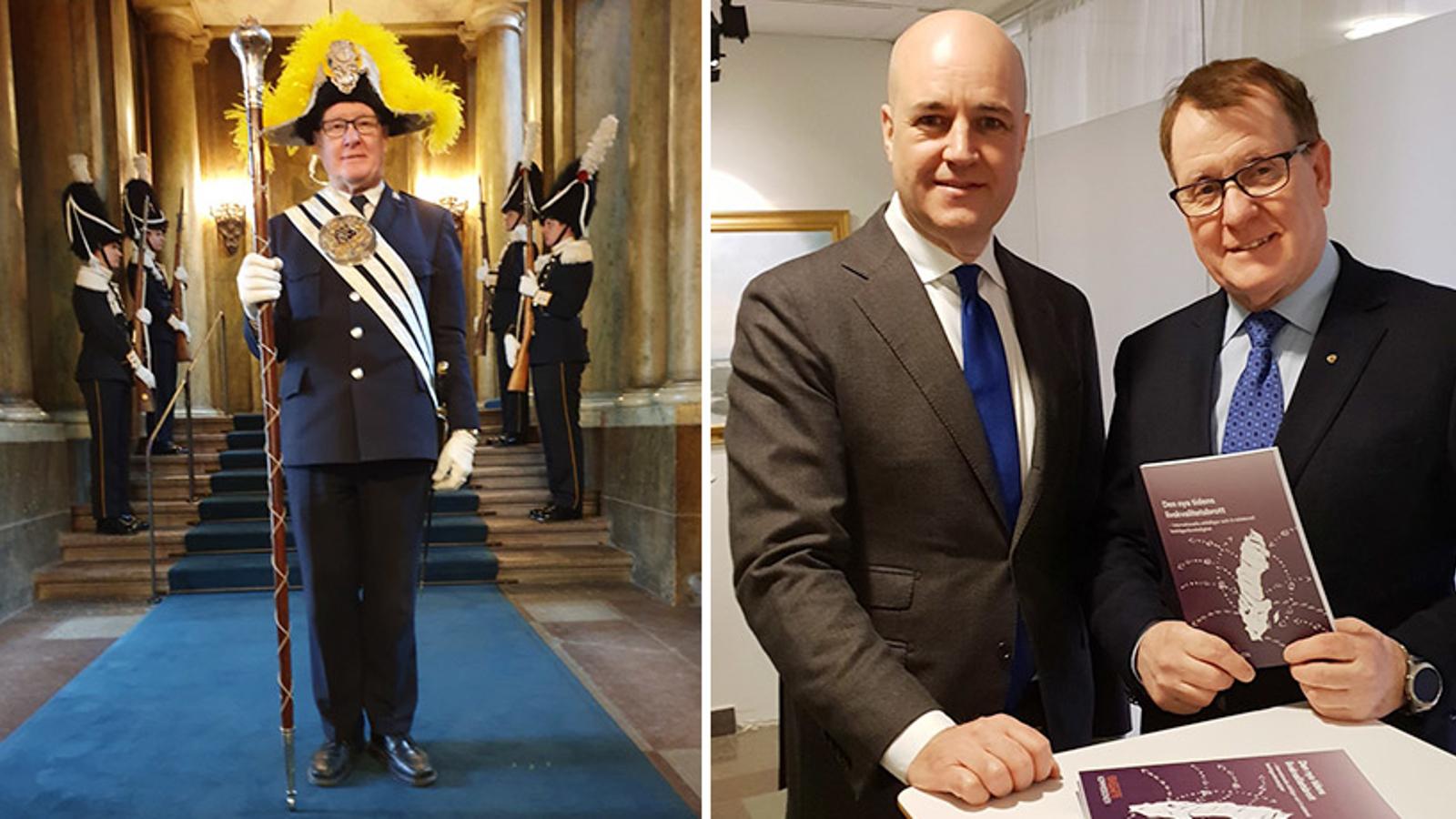 Till vänster: Christer som vakt på Kungliga slottet i Stockholm. Till höger: Christer tillsammans med tidigare statsministern Fredrik Reinfeldt.
