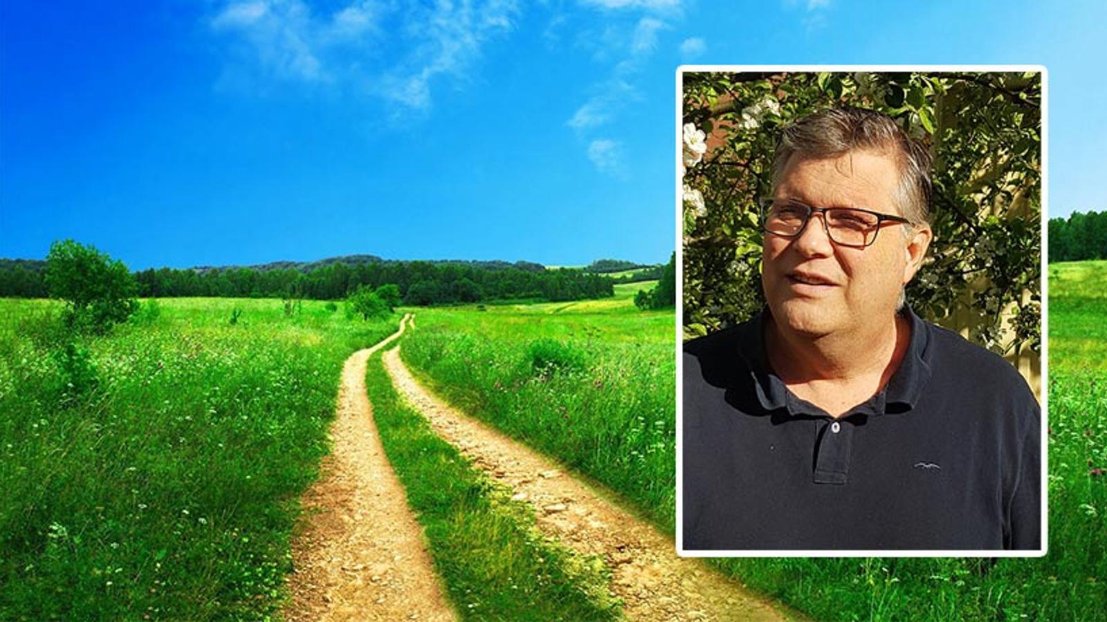 Till vänster: En stig på en stor grön äng. Till höger: Porträttbild av Peter Flodén som tittar till vänster om kameran.