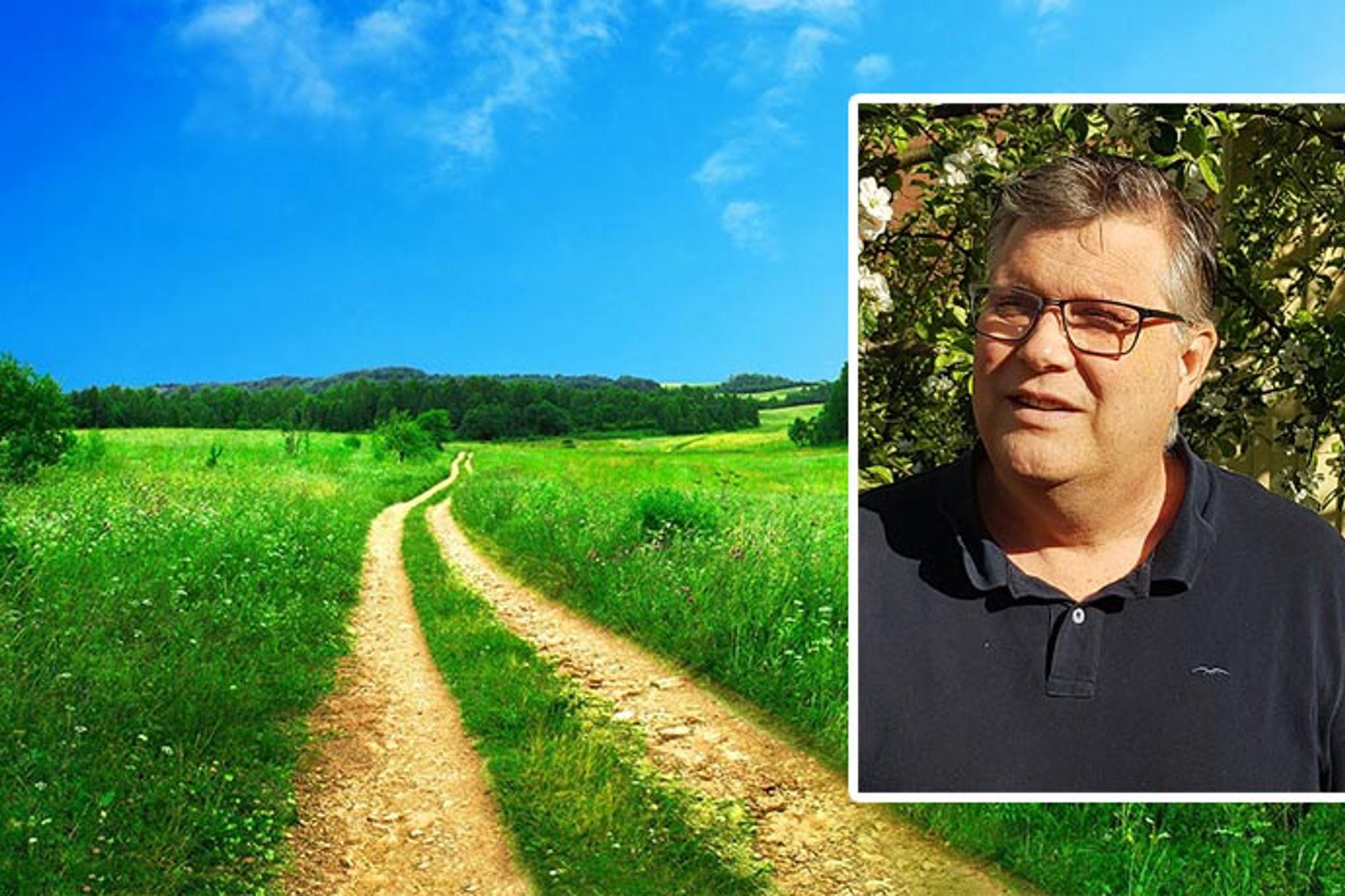 Till vänster: En stig på en stor grön äng. Till höger: Porträttbild av Peter Flodén som tittar till vänster om kameran.