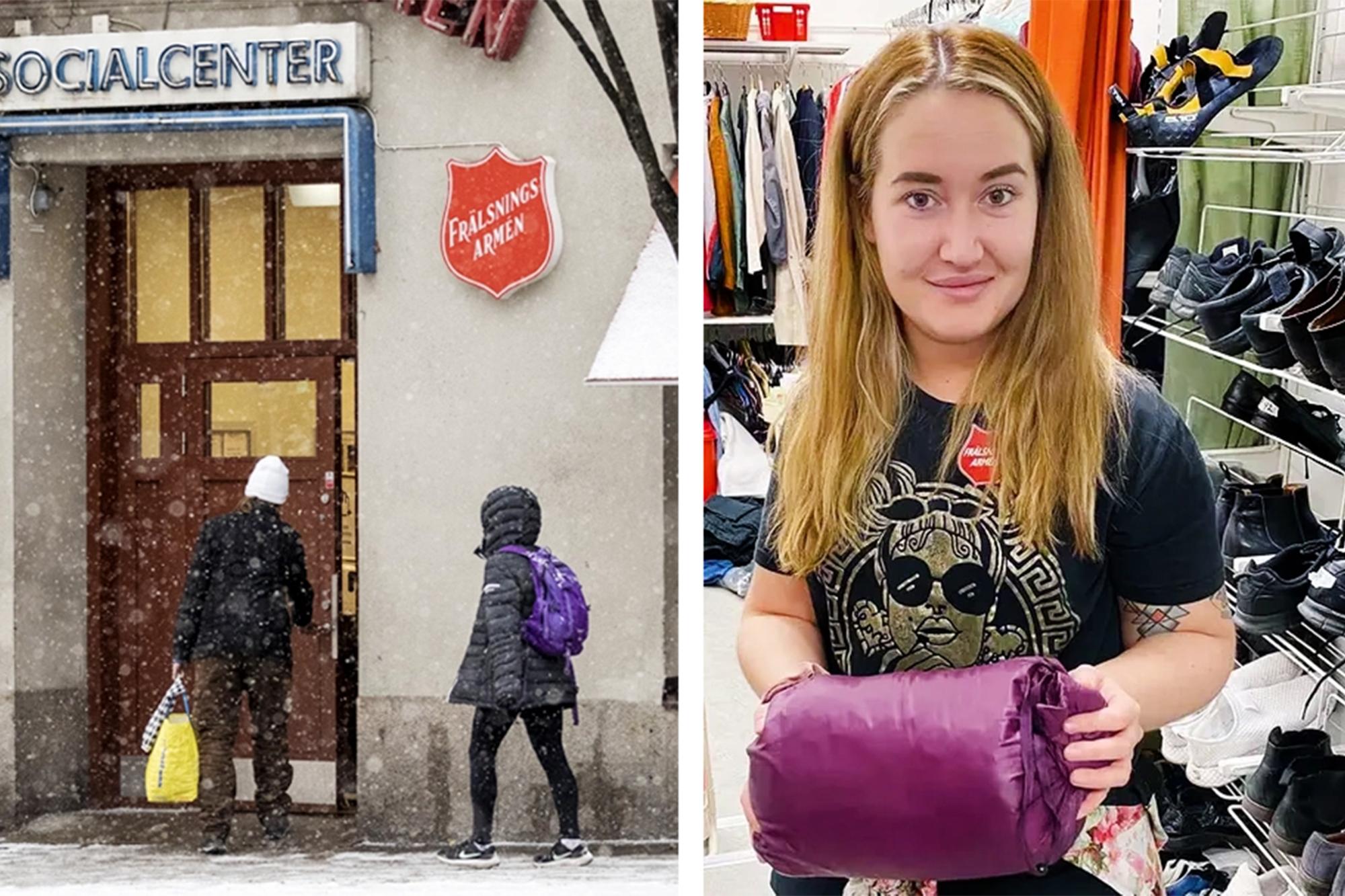 Till vänster ingången till Frälsningsarméns sociala center i Hornstull, Stockholm. Till höger Vanessa som är öppenvårdsassistent på centret, stående i garderoben med kläder och skor för de hemlösa. 