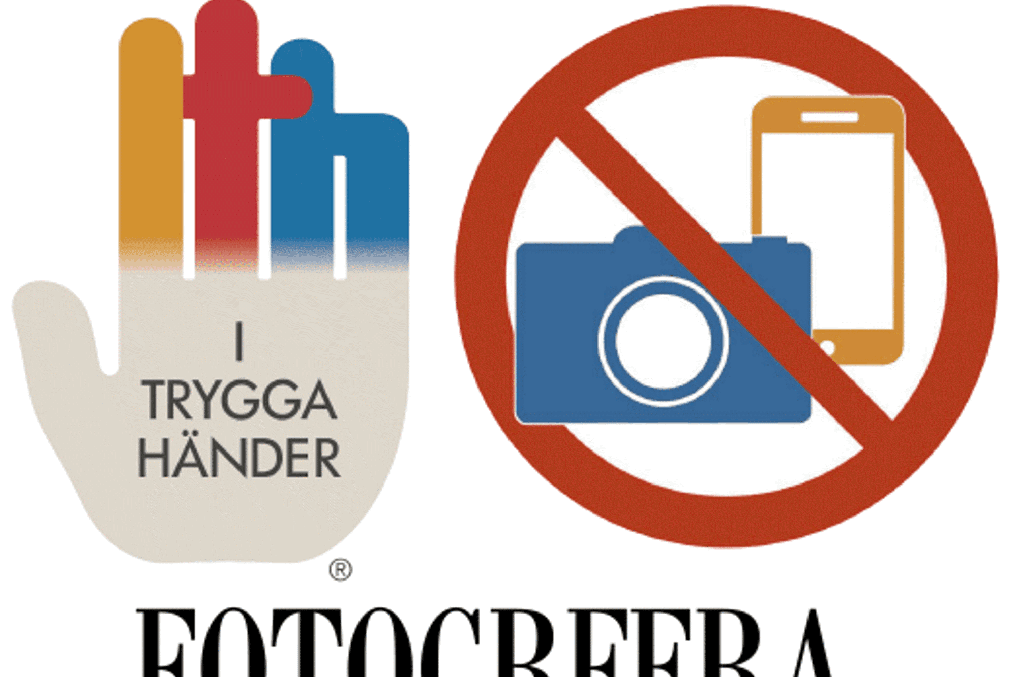 En affischbild med en kamera och mobil som är överkryssad samt logotypen för I trygga händer. Rubriken: Fotografera endast med tillstånd!