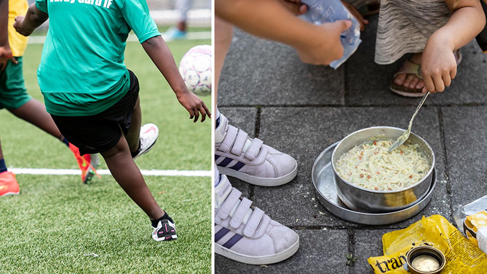 Till vänster: En person som sparkar en fotboll. Till höger: Barn som kokar soppa.