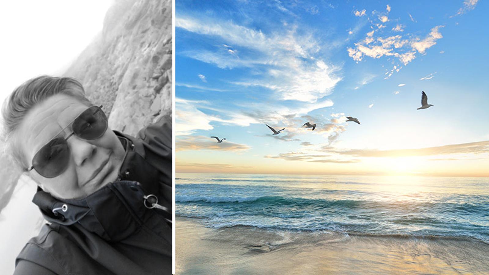 Till vänster: Eva Svensson. Till höger: En sandstrand med några fåglar som flyger ovanför havet.