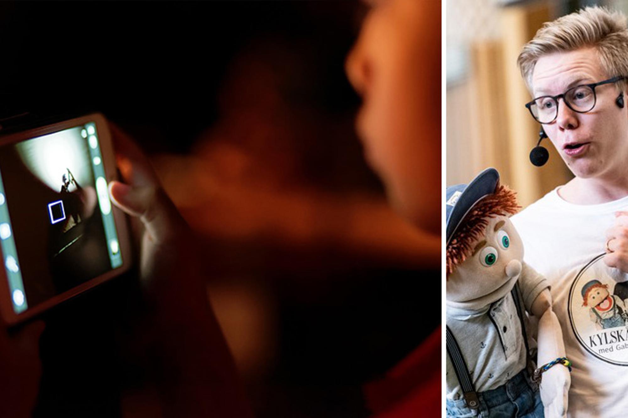 Till vänster: Ett barn som spelar ett spel på en mobiltelefon. Till höger: Gabriel Wahl och dockan Åsskar under en av deras föreställningar.